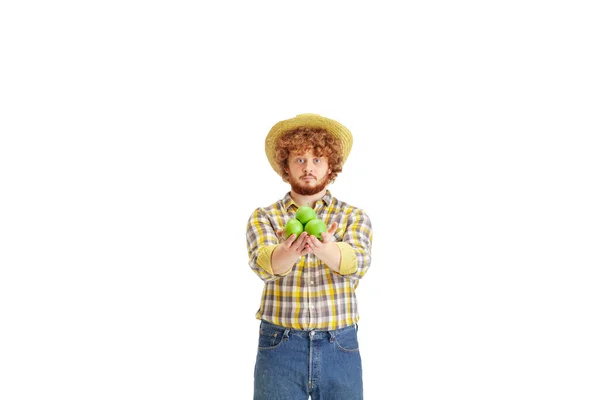 Yakışıklı çiftçi, beyaz stüdyo arka planında izole edilmiş çiftlik sahibi. — Stok fotoğraf