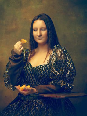 Young woman as Mona Lisa on dark background. Retro style, comparison of eras concept. clipart