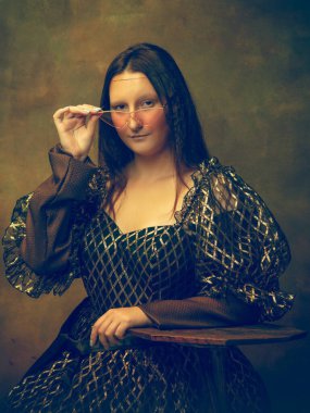 Young woman as Mona Lisa on dark background. Retro style, comparison of eras concept. clipart