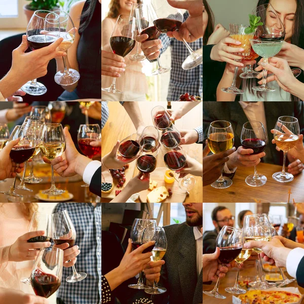 Collage de manos de jóvenes amigos, colegas durante la cerveza bebiendo, divirtiéndose, riendo y celebrando juntos. Collage, diseño —  Fotos de Stock