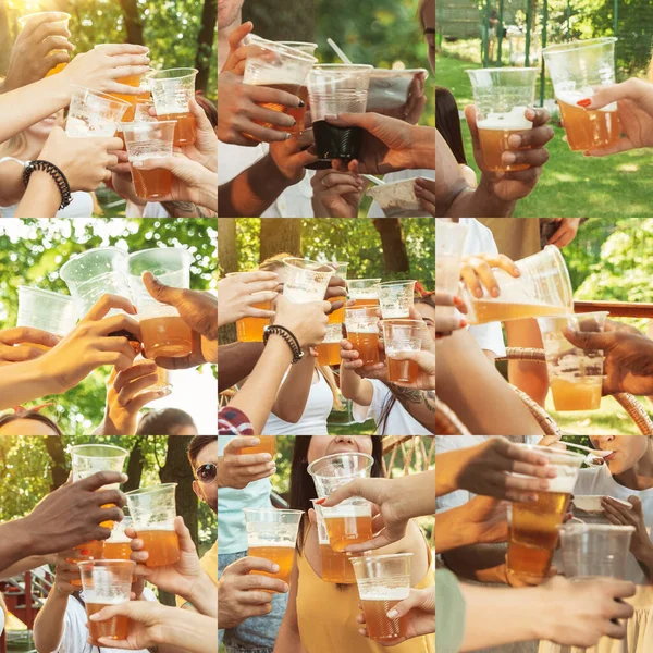 Colagem de mãos de jovens amigos, colegas durante o consumo de cerveja, se divertindo, rindo e comemorando juntos. Colagem, design — Fotografia de Stock