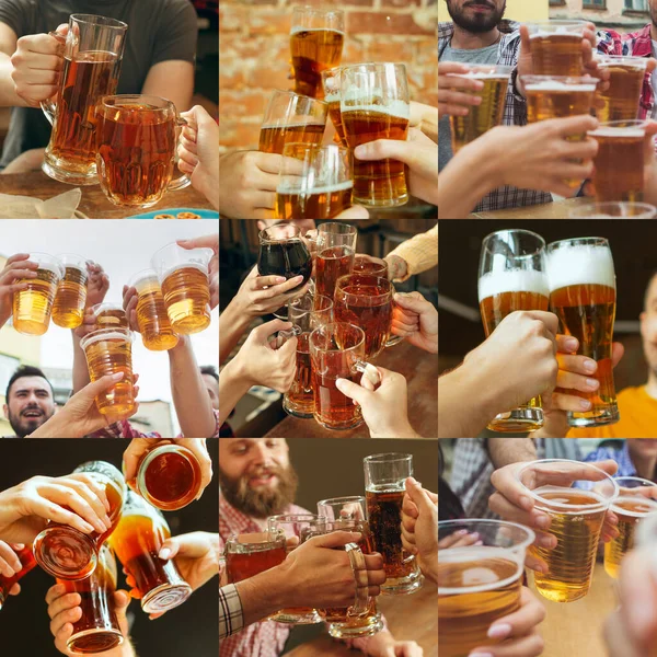 Koláž rukou mladých přátel, kolegů při pití piva, pobavit se, smát se a společně slavit. Koláž, design — Stock fotografie