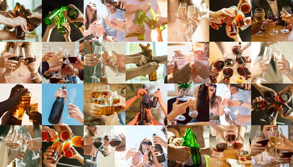 Kolaż rąk młodych przyjaciół, kolegów podczas picia piwa, zabawy, śmiechu i wspólnego świętowania. Kolaż, projekt — Zdjęcie stockowe