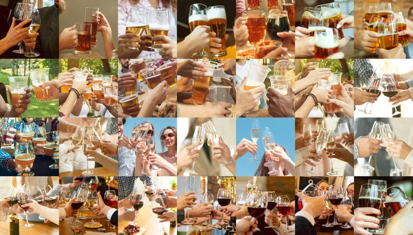 Collage van handen van jonge vrienden, collega 's tijdens het bier drinken, plezier hebben, lachen en feesten samen. Collage, ontwerp — Stockfoto
