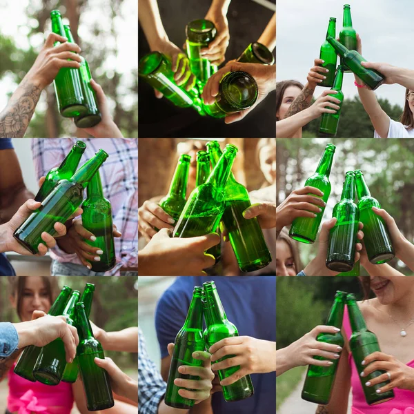 Collage van handen van jonge vrienden, collega 's tijdens het bier drinken, plezier hebben, lachen en feesten samen. Collage, ontwerp — Stockfoto