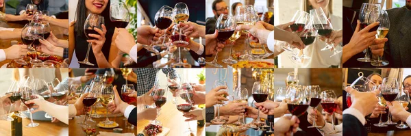 Collage of hands of young friends, colleagues during beer drinking, having fun, laughting and celebrating together. Collage, design — Stock Photo, Image