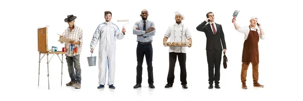 Grupa osób o różnych zawodach odizolowanych na białym tle pracowni, poziomy — Zdjęcie stockowe