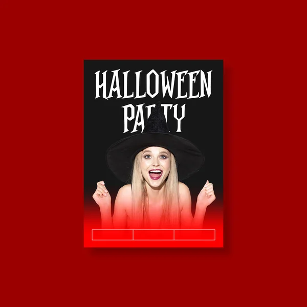 Young woman in hat as a witch on scary red background — Stock Photo, Image