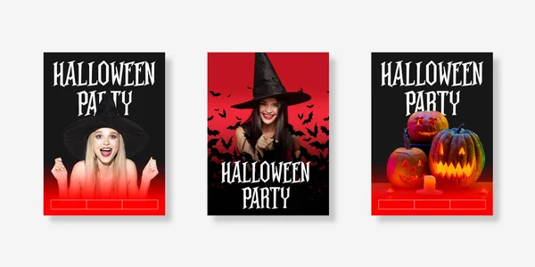 Young woman in hat as a witch on scary red background. Set of stories, vertical — Stock Photo, Image