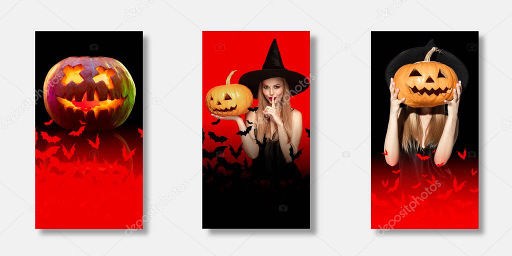 Young woman in hat as a witch on scary red background. Set of stories, vertical