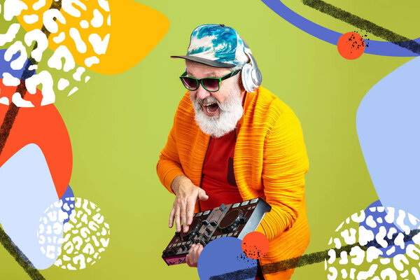 Старший хипстер, использующий устройства, гаджеты. Технология и веселый образ жизни пожилых людей. Яркий иллюстрированный фон