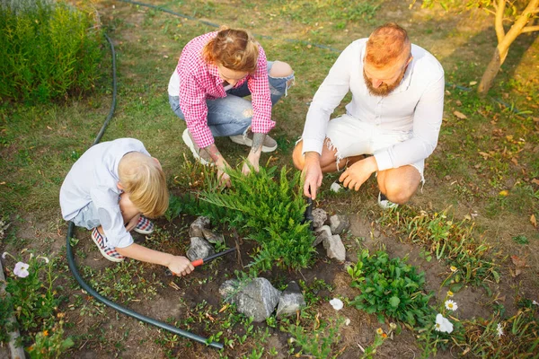 Keluarga bahagia selama perawatan tanaman di taman luar. Cinta, keluarga, gaya hidup, konsep panen. — Stok Foto