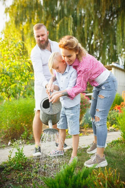 Šťastná rodina při zalévání rostlin v zahradě venku. Láska, rodina, životní styl, koncepce sklizně. — Stock fotografie
