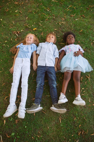 Grupo interracial de niños, niñas y niños jugando juntos en el parque en el día de verano — Foto de Stock