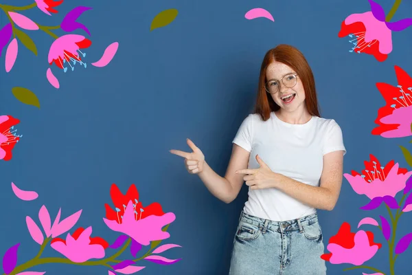 Branco adolescentes menina retrato isolado no brilhante, moderno ilustrado fundo. — Fotografia de Stock