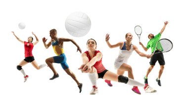 Farklı sporculardan oluşan kolaj, beyaz arka planda izole edilmiş eylem ve hareket halinde olan sağlıklı erkek ve kadınlar