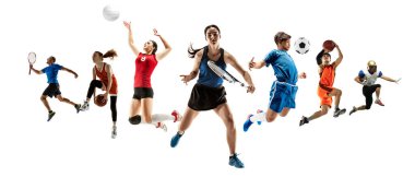 Farklı sporculardan oluşan kolaj, beyaz arka planda izole edilmiş eylem ve hareket halinde olan sağlıklı erkek ve kadınlar
