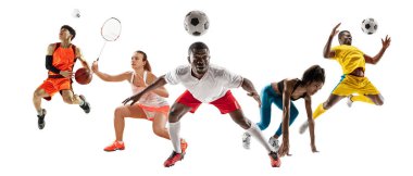 Farklı sporculardan oluşan kolaj, beyaz arka planda izole edilmiş eylem ve hareket halinde olan sağlıklı erkek ve kadınlar