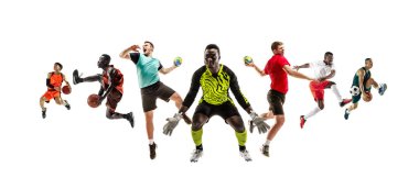 Farklı sporculardan oluşan kolaj, beyaz arka planda izole edilmiş eylem ve hareket halinde olan sağlıklı erkek ve kadınlar