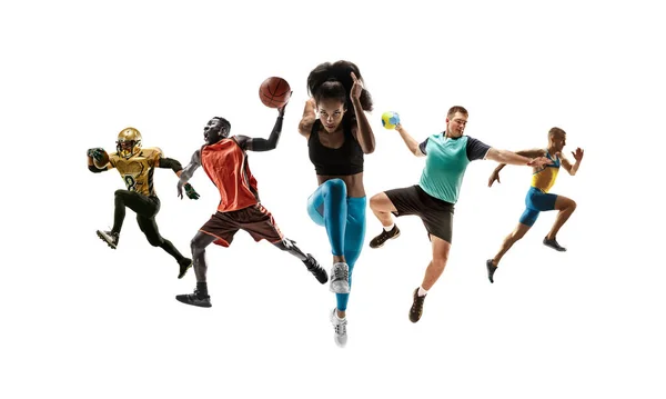 Collage di diversi sportivi, in forma uomini e donne in azione e in movimento isolati su sfondo bianco — Foto Stock