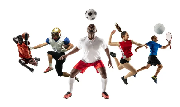 Collage verschiedener Sportler, fitter Männer und Frauen in Aktion und Bewegung isoliert auf weißem Hintergrund — Stockfoto