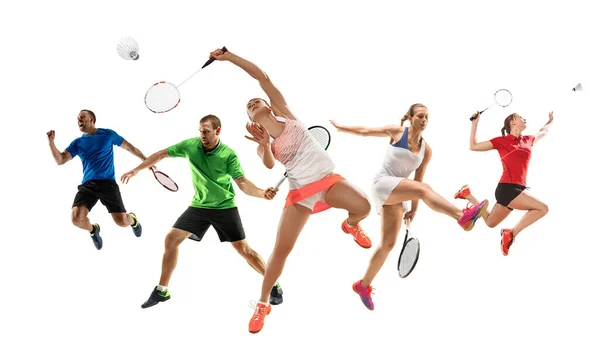 Collage of different sportsmen, fit men and women in action and motion isolated on white background