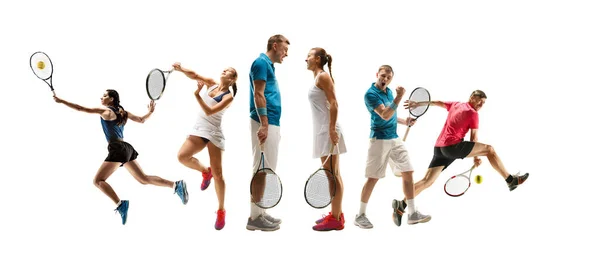 Collage of different sportsmen, fit men and women in action and motion isolated on white background — Stock Photo, Image