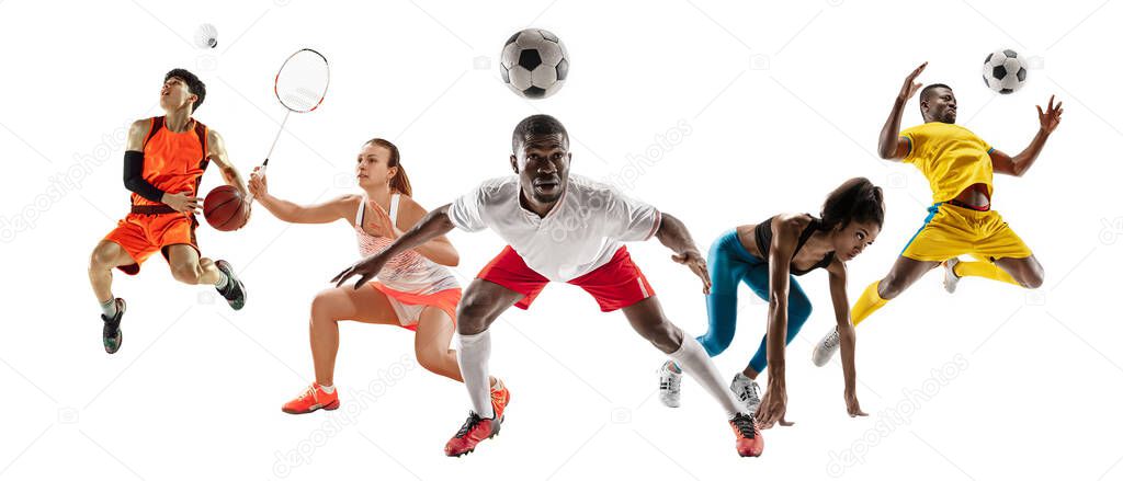 Collage of different sportsmen, fit men and women in action and motion isolated on white background