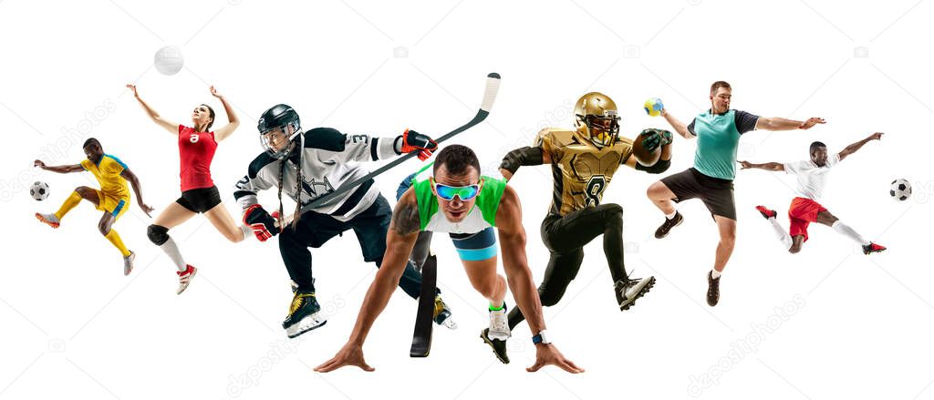 Collage of different sportsmen, fit men and women in action and motion isolated on white background