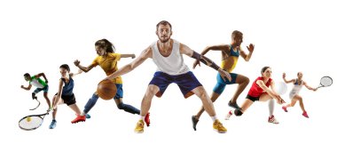 Collage of different sportsmen, fit men and women in action and motion isolated on white background clipart