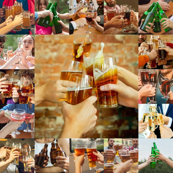 Collage von Händen junger Freunde, Kollegen beim Biertrinken, Spaß haben, lachen und gemeinsam feiern. Collage, Design — Stockfoto