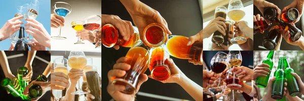 Κολάζ χεριών νεαρών φίλων, συναδέλφων κατά τη διάρκεια της μπύρας πίνοντας, διασκεδάζοντας, επαινώντας και γιορτάζοντας μαζί. Κολάζ, σχεδιασμός — Φωτογραφία Αρχείου