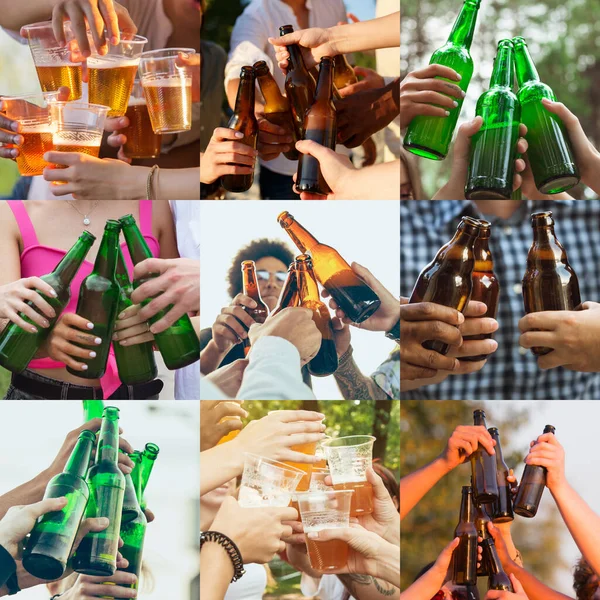 年轻朋友、同事们在喝啤酒、玩乐、欢笑和庆祝的过程中手牵手合十。学院，设计 — 图库照片