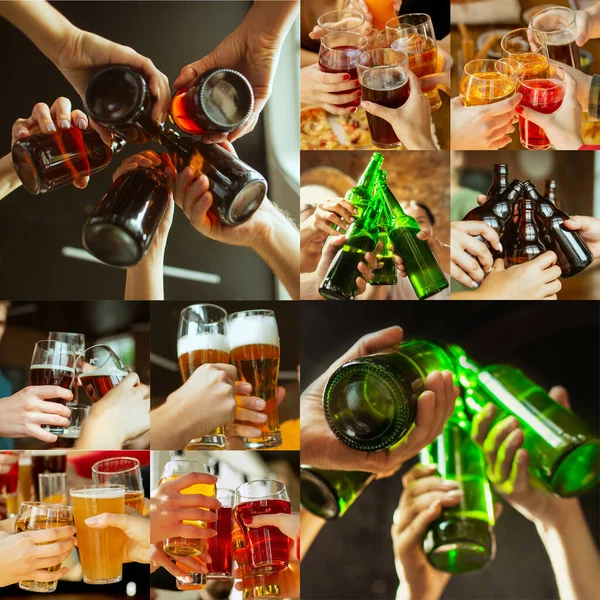 若い友人の手のコラージュ、ビールを飲んでいる間の同僚は、一緒に楽しみ、笑い、お祝いをしています。コラージュ、デザイン — ストック写真