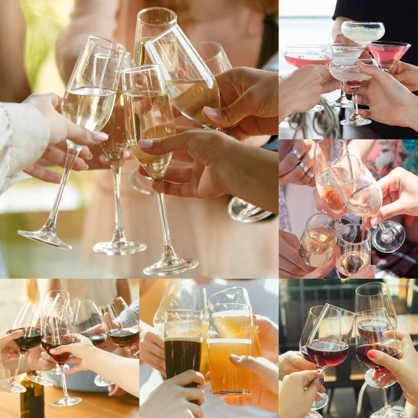 Collage of hands of young friends, colleagues during beer drinking, having fun, laughting and celebrating together. Collage, design — Stock Photo, Image