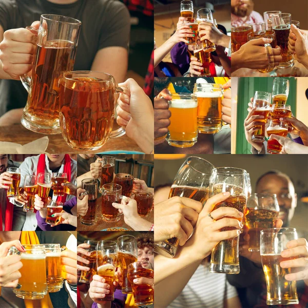 Collage de manos de jóvenes amigos, colegas durante la cerveza bebiendo, divirtiéndose, riendo y celebrando juntos. Collage, diseño — Foto de Stock