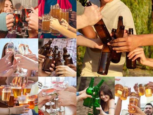 Kolaż rąk młodych przyjaciół, kolegów podczas picia piwa, zabawy, śmiechu i wspólnego świętowania. Kolaż, projekt — Zdjęcie stockowe
