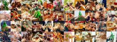 Collage of hands of young friends, colleagues during beer drinking, having fun, laughting and celebrating together. Collage, design clipart