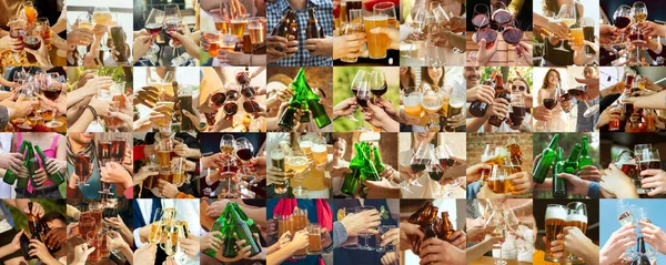 Колаж рук молодих друзів, колег під час пиття пива, веселощів, навчання та святкування разом. Колаж, дизайн — стокове фото