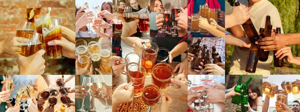 Colagem de mãos de jovens amigos, colegas durante o consumo de cerveja, se divertindo, rindo e comemorando juntos. Colagem, design — Fotografia de Stock