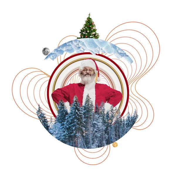 Емоційний Санта Клаус вітає Різдво і Новий рік 2021 року. Copyspace, line design, art colage. — стокове фото
