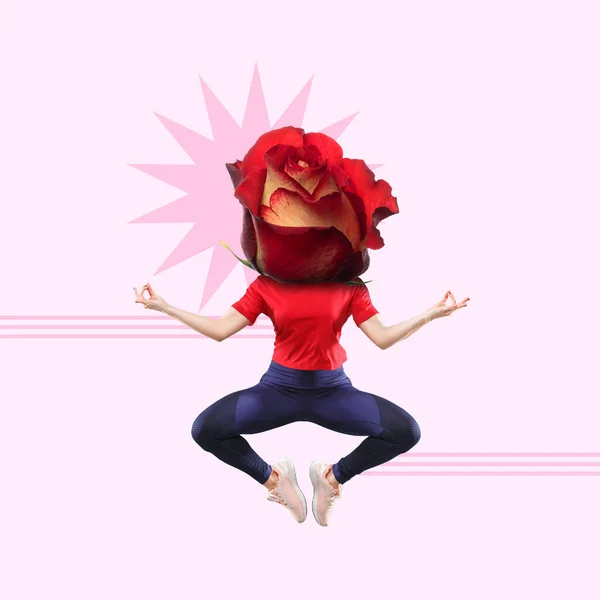 Mujer joven en camiseta roja practicando yoga encabezada por flor de rosa de té sobre fondo rosa. collage de arte contemporáneo. — Foto de Stock