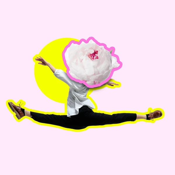Офісна жінка, як балетна танцівниця або виконавець з білою квіткою як голова на рожевому тлі. Сучасне мистецтво колаж — стокове фото
