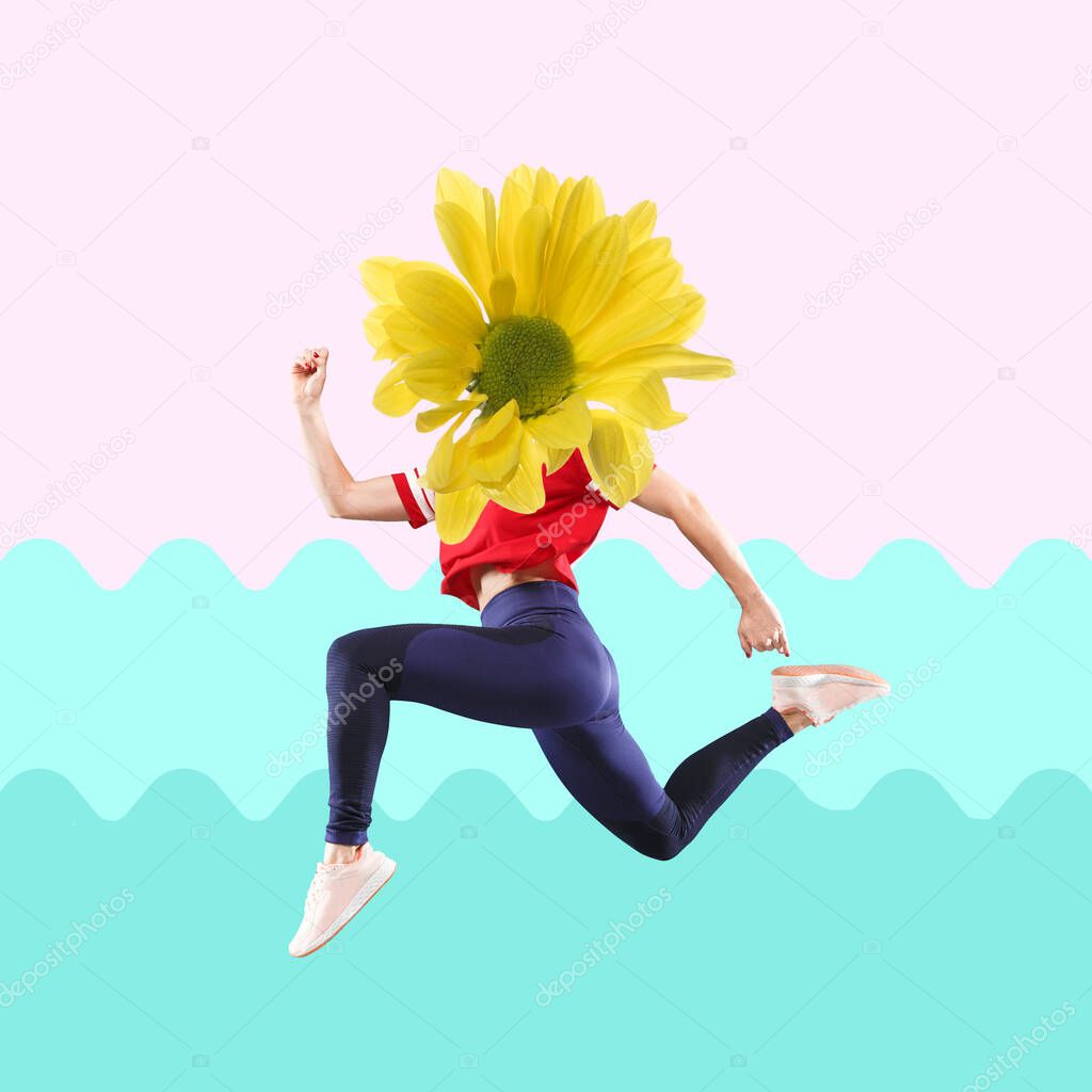 Jumping womans body in sportswear headed by yellow flower on modern illustrated background. Contemporary art collage.