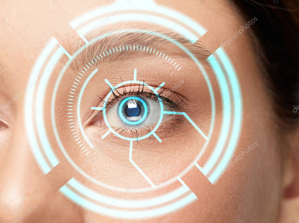 Future woman with cyber technology eye panel, cyberspace interface, ophthalmology concept