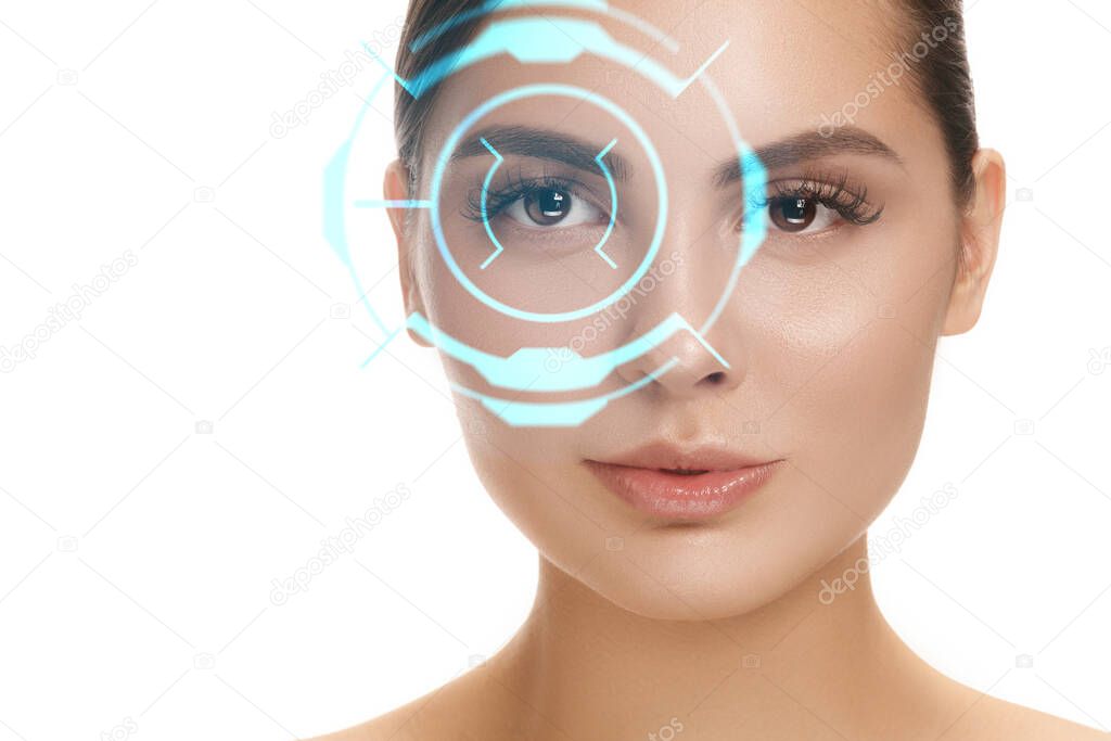 Future woman with cyber technology eye panel, cyberspace interface, ophthalmology concept
