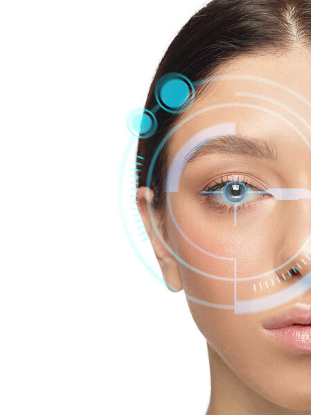 Future woman with cyber technology eye panel, cyberspace interface, ophthalmology concept
