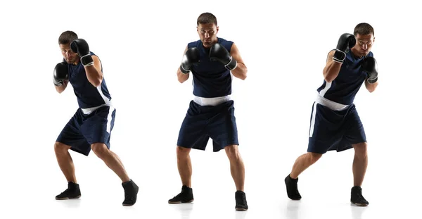 Joven boxeador contra fondo de estudio blanco en movimiento de patadas paso a paso — Foto de Stock