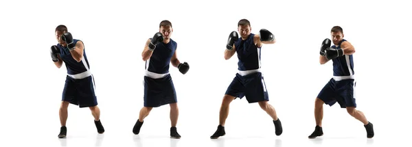 Fiatal bokszoló fehér stúdió háttér mozgásban lépésről lépésre rúgás — Stock Fotó