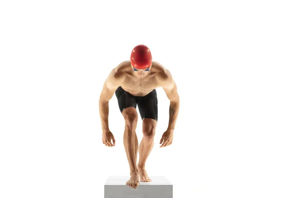 Caucasian professional sportsman, swimmer training isolated on white studio background — Stock Photo, Image